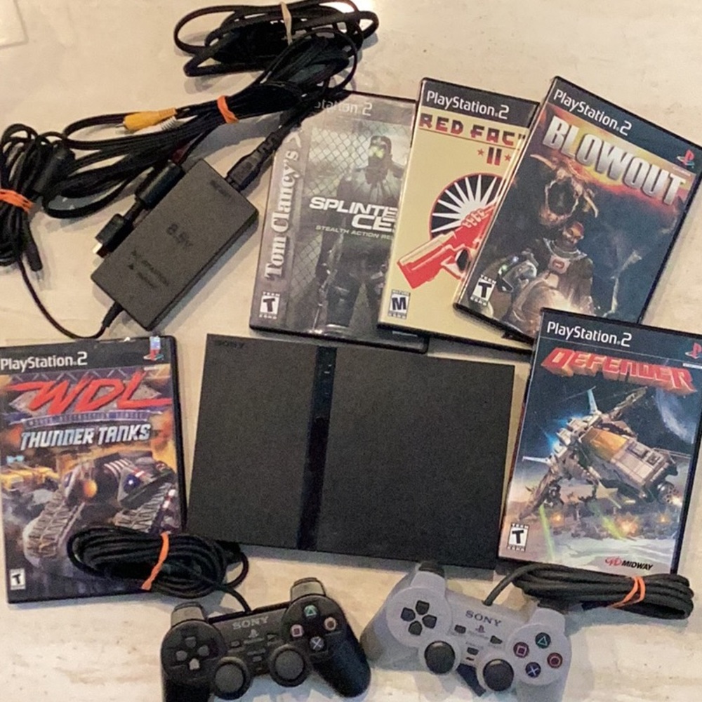 PlayStation 2 Slim Console PS2 & 2 Controllers & 5 Games Complete OEM Sony